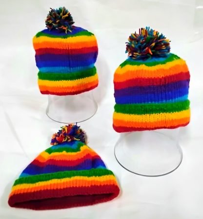 RAINBOW POM POM , BEANIE, FLEECE LINED