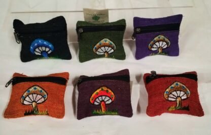 HEMP PURSE ,EMBROIDERED MUSHROOM , 12pk @ $2.75
